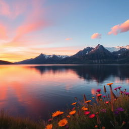 A serene landscape of a calm lake surrounded by majestic mountains at sunset, the sky ablaze with warm orange and pink hues reflecting on the water's surface