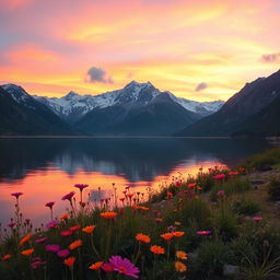 A serene landscape of a calm lake surrounded by majestic mountains at sunset, the sky ablaze with warm orange and pink hues reflecting on the water's surface