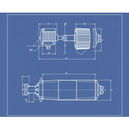 A detailed blueprint design of a vehicle exhaust filter system, showcasing various components such as the filter housing, mounting brackets, and connections to the vehicle's exhaust pipe