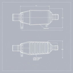 A detailed blueprint design of a vehicle exhaust filter system, showcasing various components such as the filter housing, mounting brackets, and connections to the vehicle's exhaust pipe