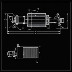 A detailed blueprint design of a vehicle exhaust filter system, showcasing various components such as the filter housing, mounting brackets, and connections to the vehicle's exhaust pipe