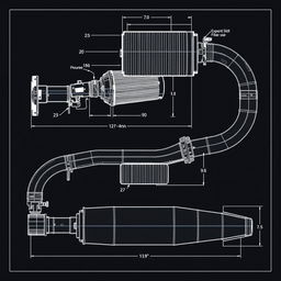 A detailed blueprint design of a vehicle exhaust filter system, showcasing various components such as the filter housing, mounting brackets, and connections to the vehicle's exhaust pipe