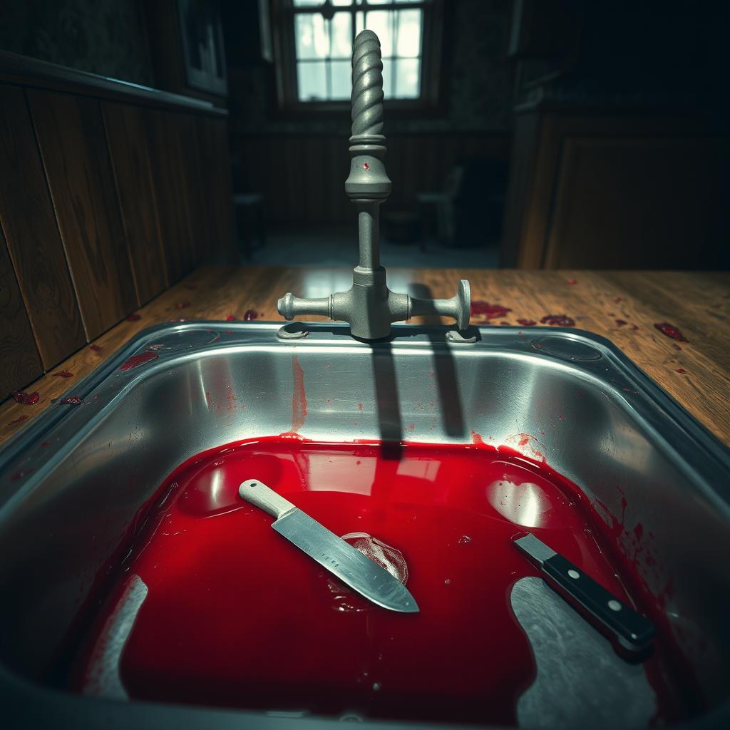 A dramatic scene depicting blood pooling in a stainless steel sink, surrounded by a rustic kitchen setting