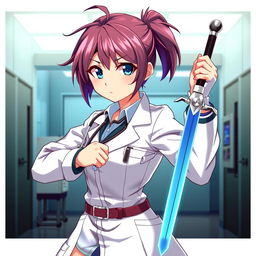 A dynamic anime-style illustration of a girl doctor dressed in a professional medical uniform, complete with a lab coat and stethoscope