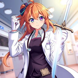A dynamic anime-style illustration of a girl doctor dressed in a professional medical uniform, complete with a lab coat and stethoscope