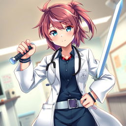 A dynamic anime-style illustration of a girl doctor dressed in a professional medical uniform, complete with a lab coat and stethoscope