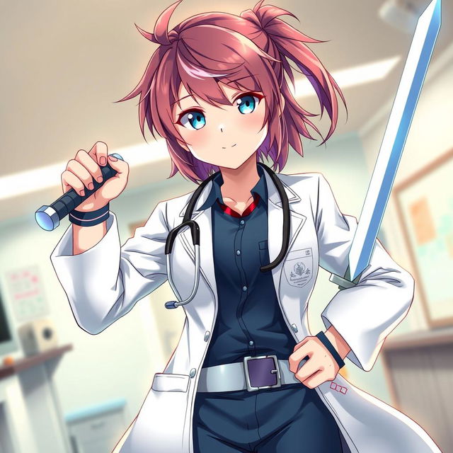 A dynamic anime-style illustration of a girl doctor dressed in a professional medical uniform, complete with a lab coat and stethoscope