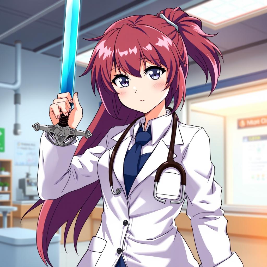 A dynamic anime-style illustration of a girl doctor dressed in a professional medical uniform, complete with a lab coat and stethoscope