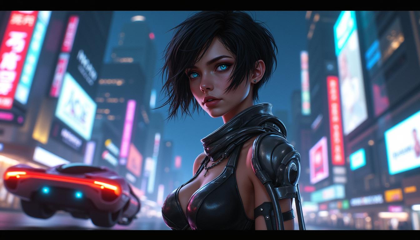 A futuristic cyberpunk scene featuring a fierce female warrior inspired by the character Alita from the movie 'Alita: Battle Angel'