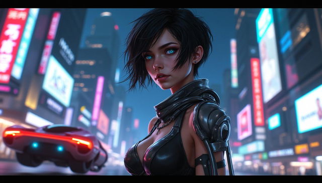 A futuristic cyberpunk scene featuring a fierce female warrior inspired by the character Alita from the movie 'Alita: Battle Angel'