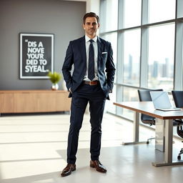 A confident business owner standing in a modern office environment