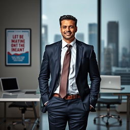A confident business owner standing in a modern office environment
