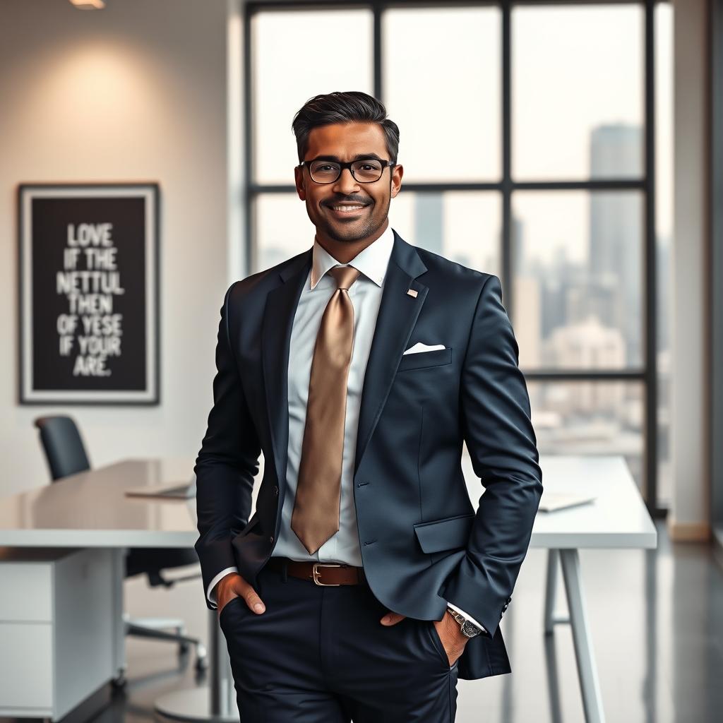 A confident business owner standing in a modern office environment