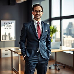 A confident business owner standing in a modern office environment