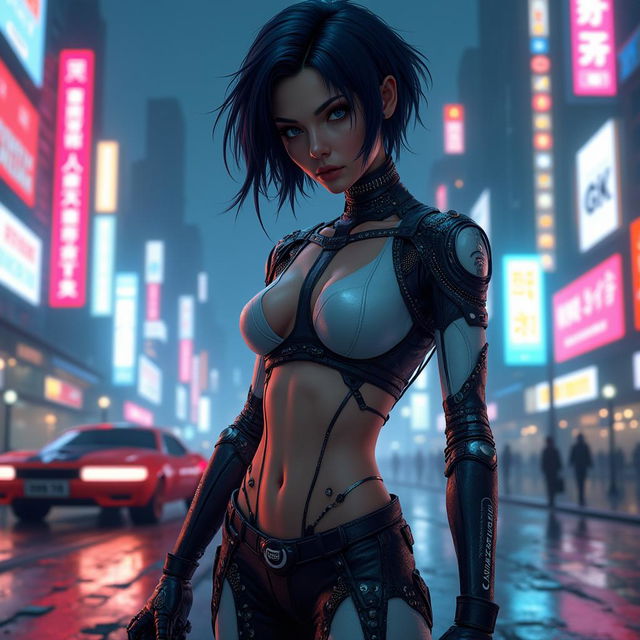 A futuristic cyberpunk scene featuring a fierce female warrior inspired by the character Alita from the movie 'Alita: Battle Angel'