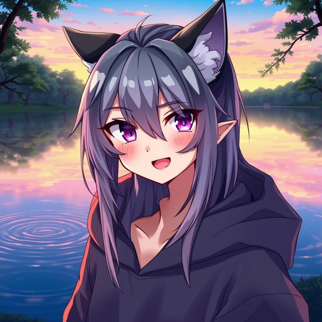 A beautiful anime character with long dark purple hair, wearing a cozy black hoodie