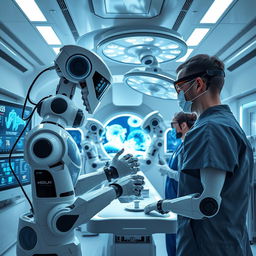 A futuristic medical technology setting featuring advanced surgical robots performing intricate procedures in a high-tech operating room