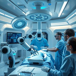 A futuristic medical technology setting featuring advanced surgical robots performing intricate procedures in a high-tech operating room