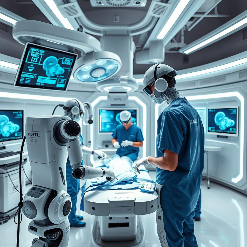 A futuristic medical technology setting featuring advanced surgical robots performing intricate procedures in a high-tech operating room