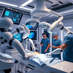 A futuristic medical technology setting featuring advanced surgical robots performing intricate procedures in a high-tech operating room