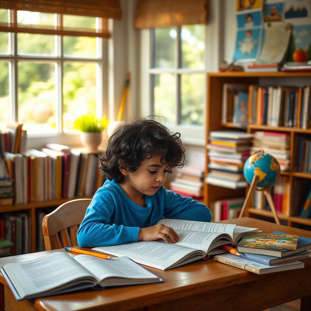 A young child studying quietly at a wooden desk in a cozy, sunlit room filled with books and colorful stationery