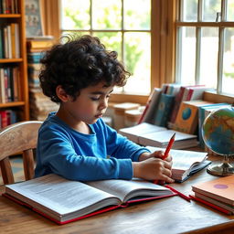 A young child studying quietly at a wooden desk in a cozy, sunlit room filled with books and colorful stationery