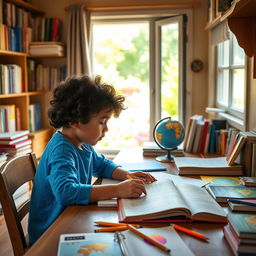 A young child studying quietly at a wooden desk in a cozy, sunlit room filled with books and colorful stationery