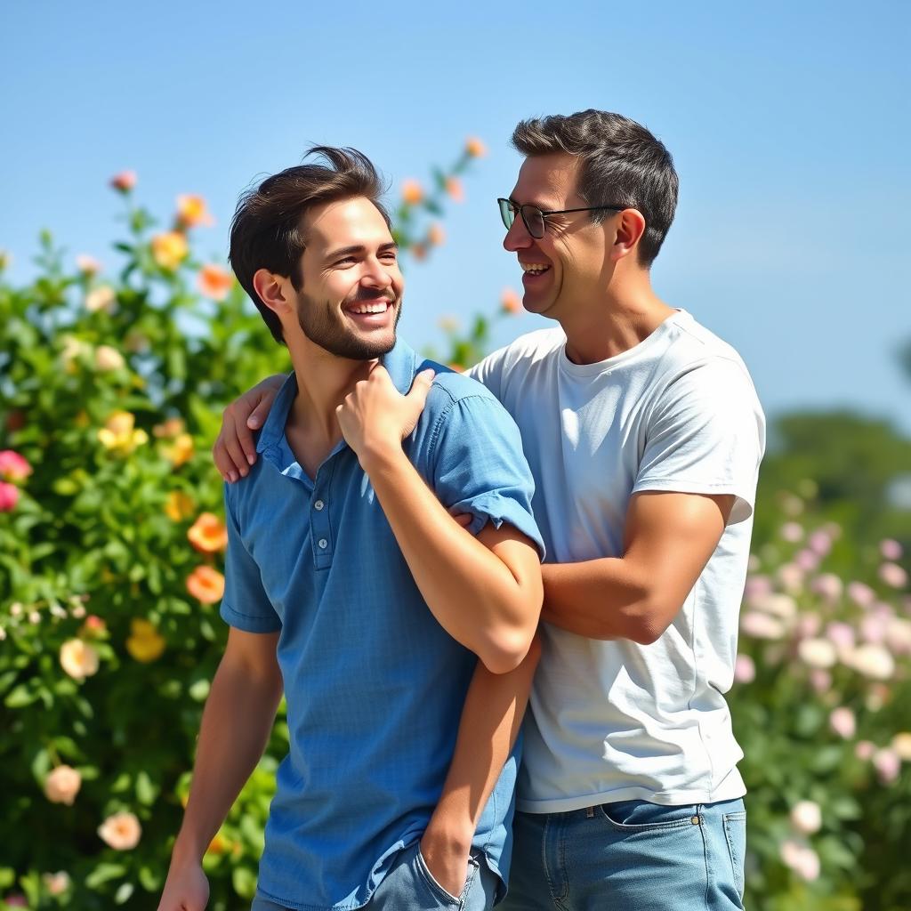 An image depicting a vibrant outdoor scene with lush greenery, featuring two men interacting joyfully