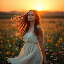 A beautiful woman with flowing hair standing in a field of wildflowers, the sun setting in the background creating a warm golden glow