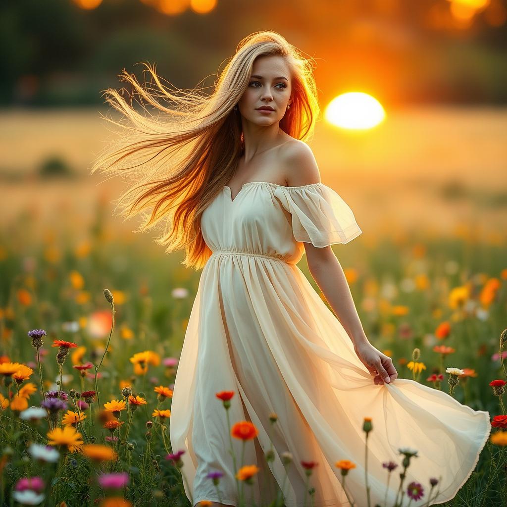 A beautiful woman with flowing hair standing in a field of wildflowers, the sun setting in the background creating a warm golden glow