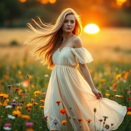 A beautiful woman with flowing hair standing in a field of wildflowers, the sun setting in the background creating a warm golden glow