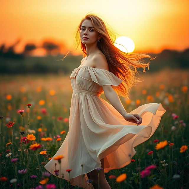 A beautiful woman with flowing hair standing in a field of wildflowers, the sun setting in the background creating a warm golden glow