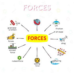 An educational illustration depicting the concept of forces in science, showcasing ten different forces clearly labeled