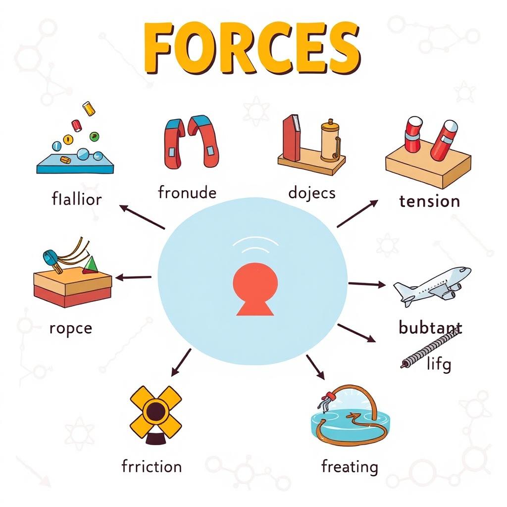 An educational illustration depicting the concept of forces in science, showcasing ten different forces clearly labeled
