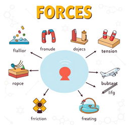 An educational illustration depicting the concept of forces in science, showcasing ten different forces clearly labeled