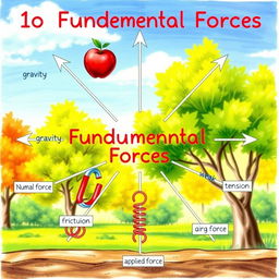 A detailed scientific illustration showcasing the 10 fundamental forces in a single drawing