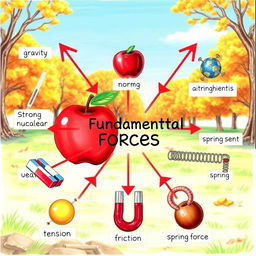 A detailed scientific illustration showcasing the 10 fundamental forces in a single drawing
