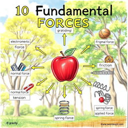 A detailed scientific illustration showcasing the 10 fundamental forces in a single drawing