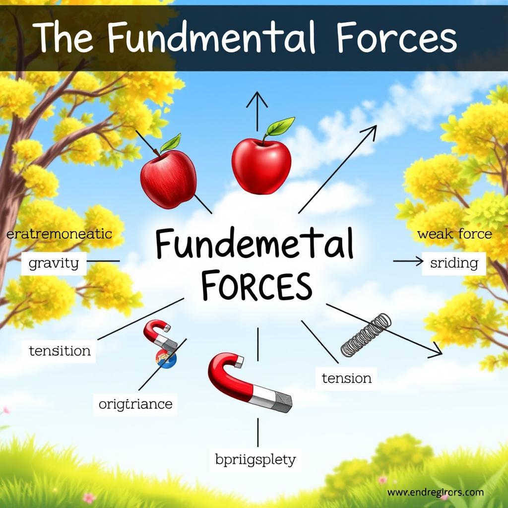 A detailed scientific illustration showcasing the 10 fundamental forces in a single drawing