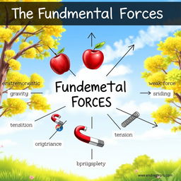 A detailed scientific illustration showcasing the 10 fundamental forces in a single drawing