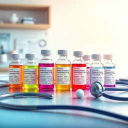 A visually striking educational illustration depicting various chemotherapy drugs arranged aesthetically on a clinic desk