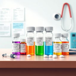 A visually striking educational illustration depicting various chemotherapy drugs arranged aesthetically on a clinic desk