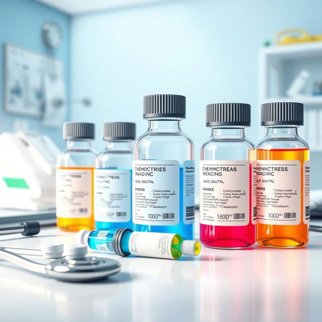 A visually striking educational illustration depicting various chemotherapy drugs arranged aesthetically on a clinic desk