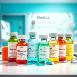 A visually striking educational illustration depicting various chemotherapy drugs arranged aesthetically on a clinic desk