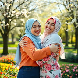 A warm and heartwarming scene depicting two friends wearing colorful hijabs, embracing each other in a joyful hug