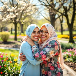 A warm and heartwarming scene depicting two friends wearing colorful hijabs, embracing each other in a joyful hug