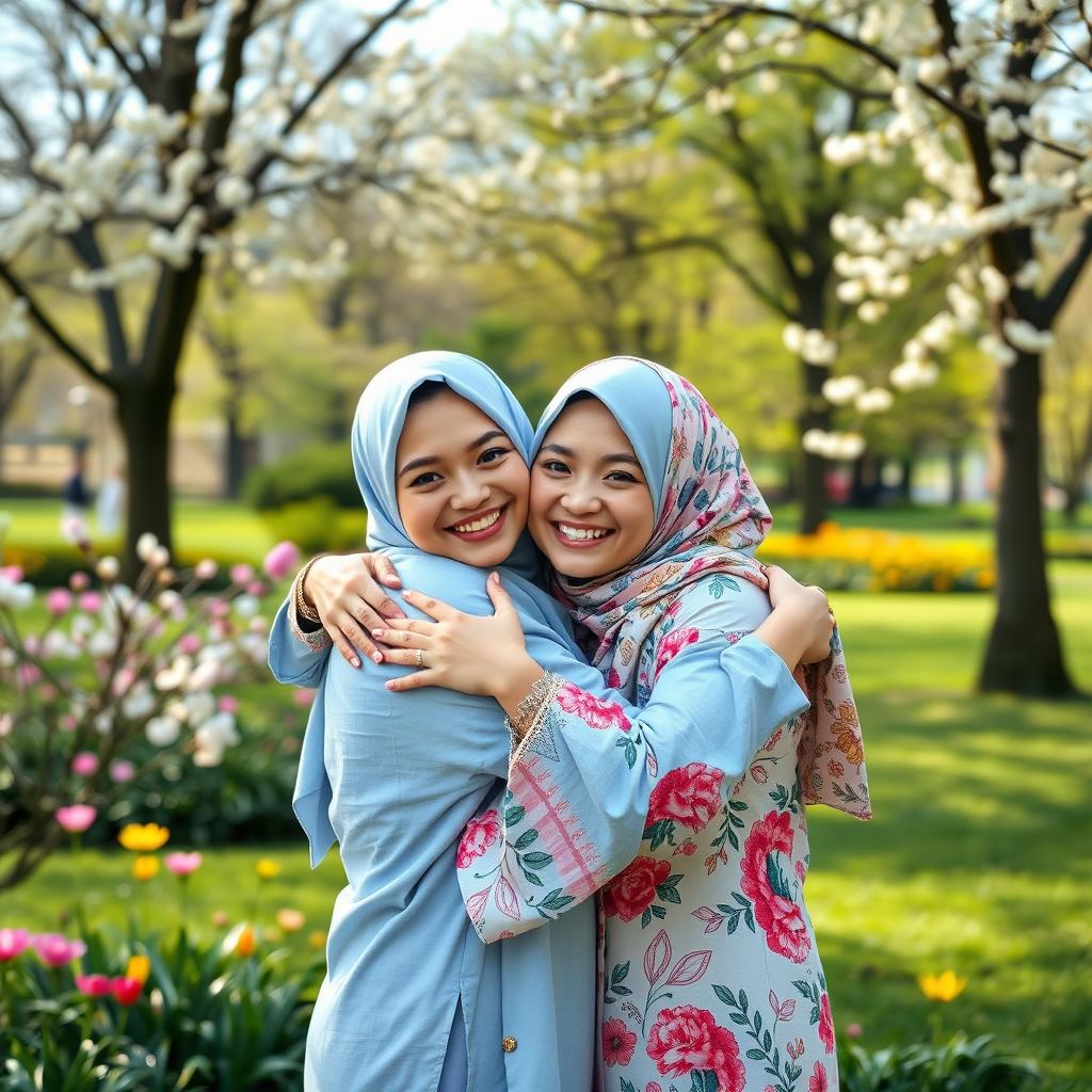 A warm and heartwarming scene depicting two friends wearing colorful hijabs, embracing each other in a joyful hug