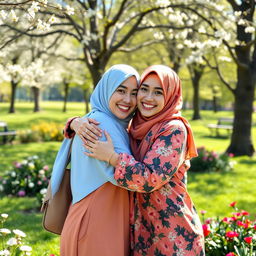 A warm and heartwarming scene depicting two friends wearing colorful hijabs, embracing each other in a joyful hug