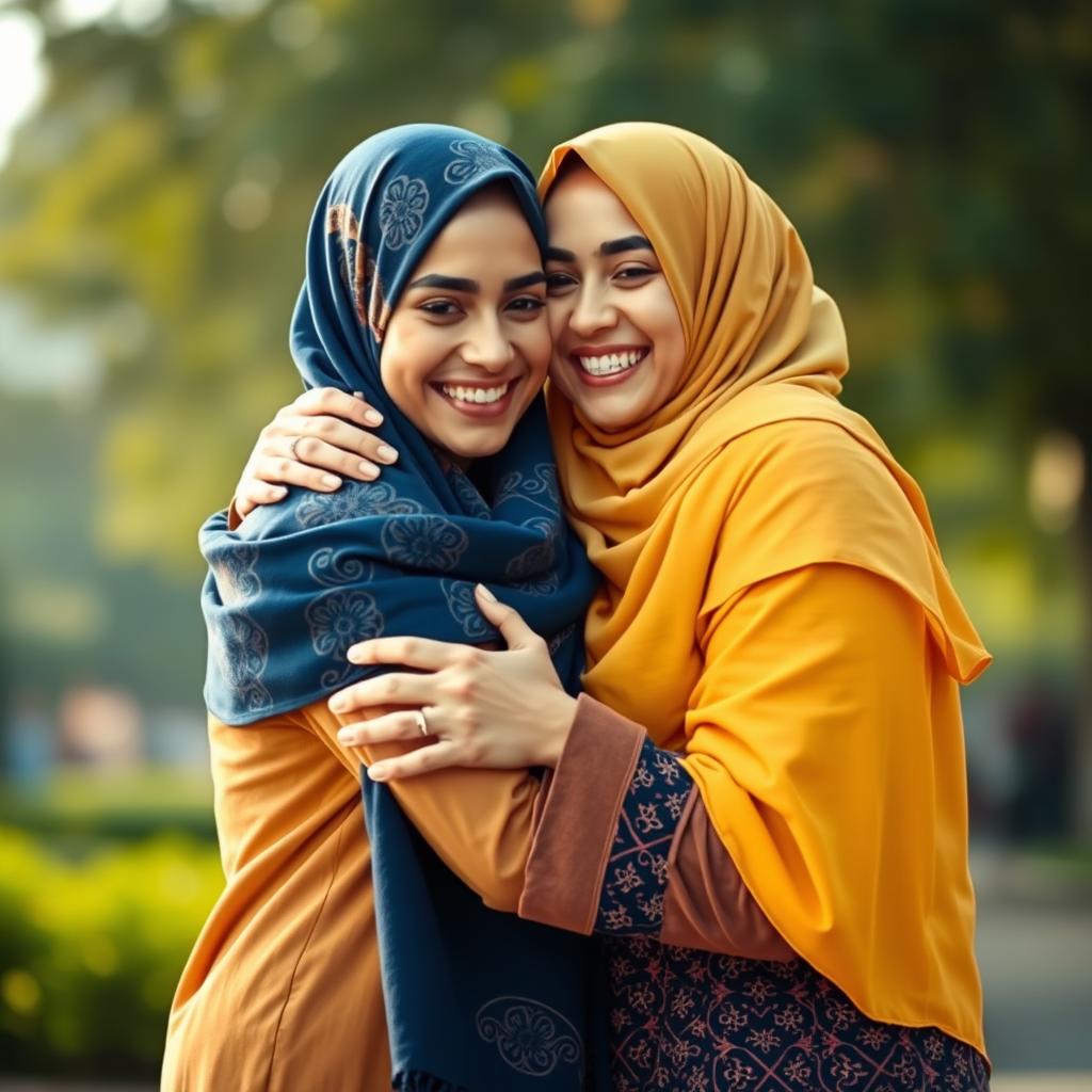 A warm and heartwarming scene featuring two friends wearing colorful hijabs, embracing each other in a joyful hug