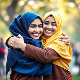 A warm and heartwarming scene featuring two friends wearing colorful hijabs, embracing each other in a joyful hug